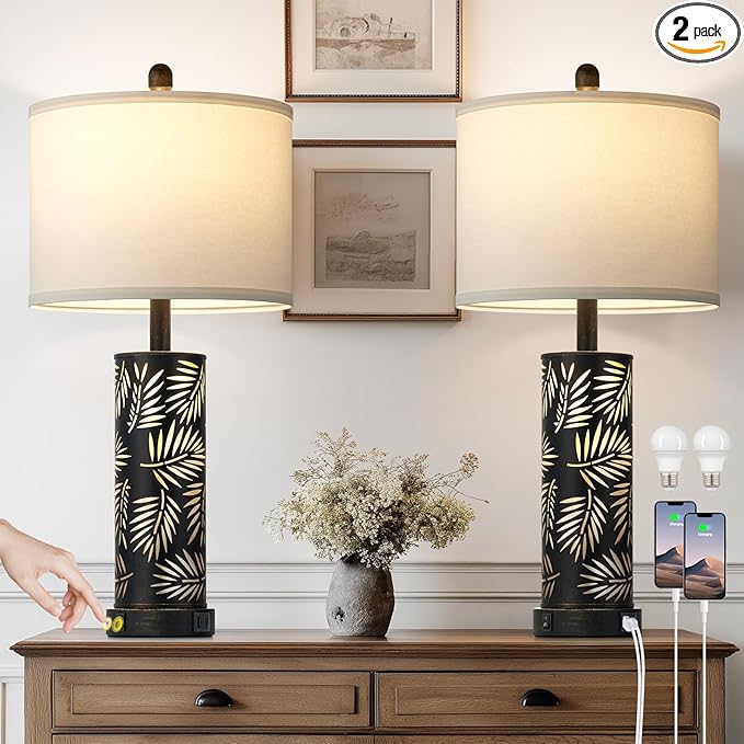 Cinkeda Set of 2 Rustic Table Lamps for Living Room Bedroom, Vintage Farmhouse Nightstand Lamp with 2 USB Ports, Hollow Out Black Metel Lamp for End Table with Nightlight (Retro Black)