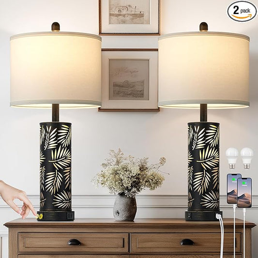 Cinkeda Set of 2 Rustic Table Lamps for Living Room Bedroom, Vintage Farmhouse Nightstand Lamp with 2 USB Ports, Hollow Out Black Metel Lamp for End Table with Nightlight (Retro Black)