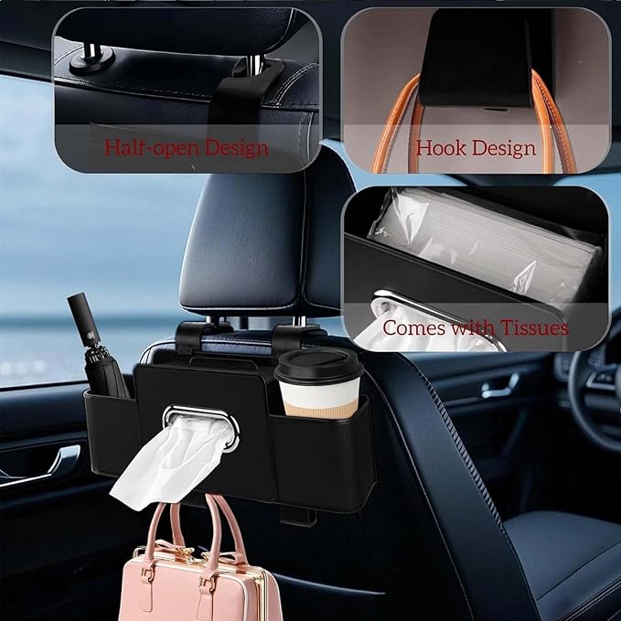 OJEYDFU 3-in-1 Car Backseat Organizer, 2026 Upgraded Multifunctional Car Seat Back Storage Box, Backseat Car Organizer with 2 Cup Holders, Tissue Box & Hooks, Universal Car Essentials (Beige)