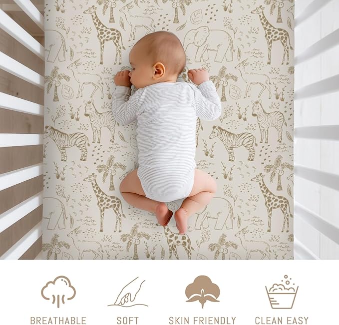Cute Animals Safari Baby Crib Sheets for Boy Girl Boho Giraffe Zebra Elephant Trees Leaves Soft Snug Fitted Crib Mattress Covers for 52''x28'' Standard Crib & Toddler Mattress Wild Animals Bed Sheets