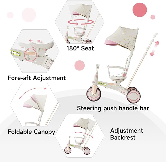 WinHope 9-in-1 Push Tricycle for Toddlers 1-3 Years | Convertible Kids Trike with Adjustable Parent Handle & Safety Harness, Lightweight Foldable Design + Storage Basket for Boys & Girls (Pink)