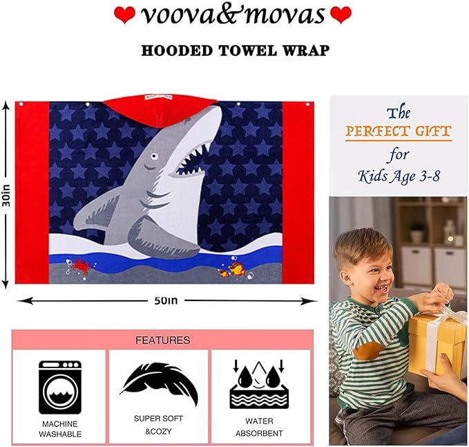 VOOVA & MOVAS Toddler Bath Towels Age 3-10,30''X50, Soft | Thick | Cotton | Oversized Absorbent - Beach | Bath | Pool | Swim Towels for Boys and Girls | Big White Shark
