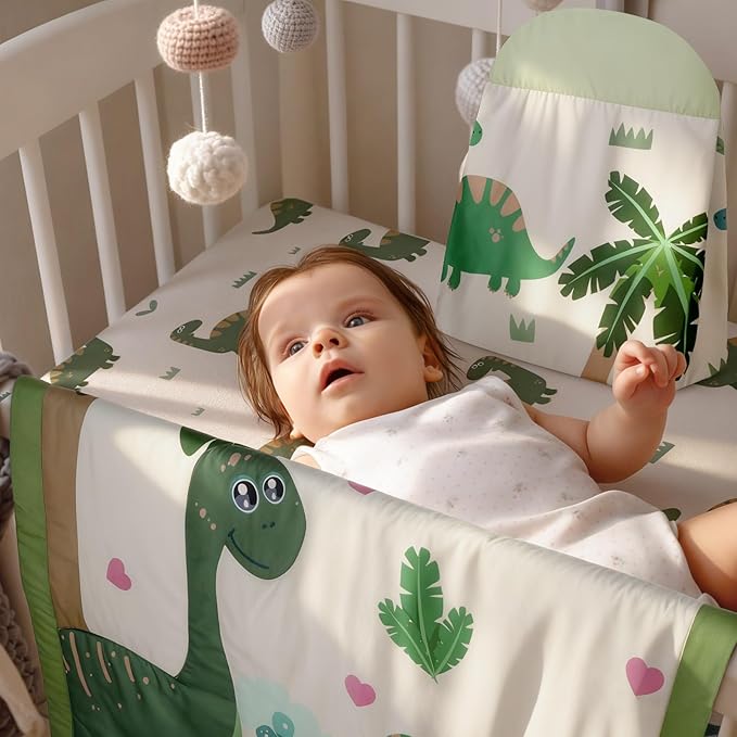 Oudain 4 Piece Dinosaurs Crib Bedding Set Including Green Blue Dinosaurs Crib Skirt, Blanket, Sheet and Diaper Stacker, Soft Nursery Standard Size Baby Bedding for Baby Girls and Boys