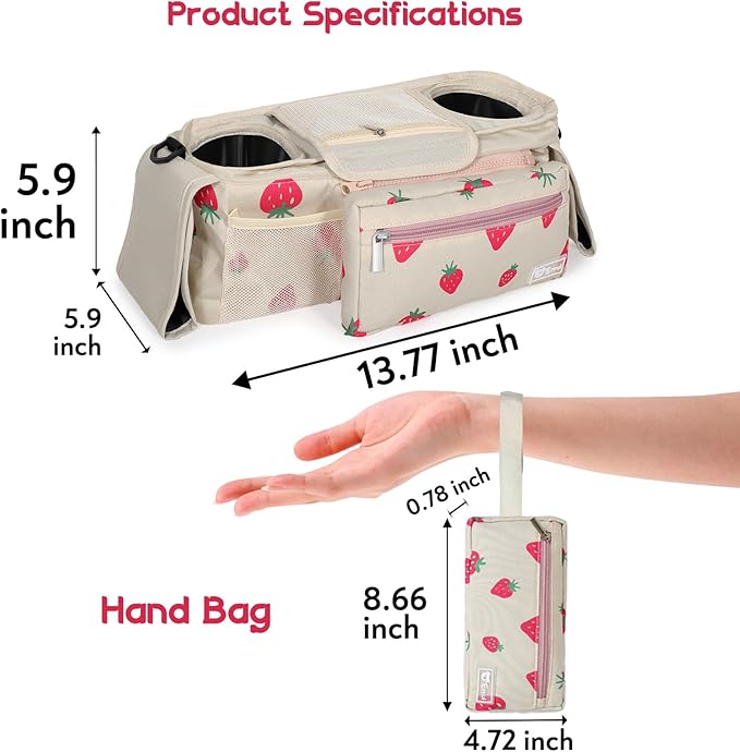 Universal Stroller Organizer with Insulated Cup Holders and Detachable Phone Bag,Stroller Caddy Fits for Stroller Accessories like Uppababy, Baby Jogger, Doona, Nuna Stroller (strawberry)