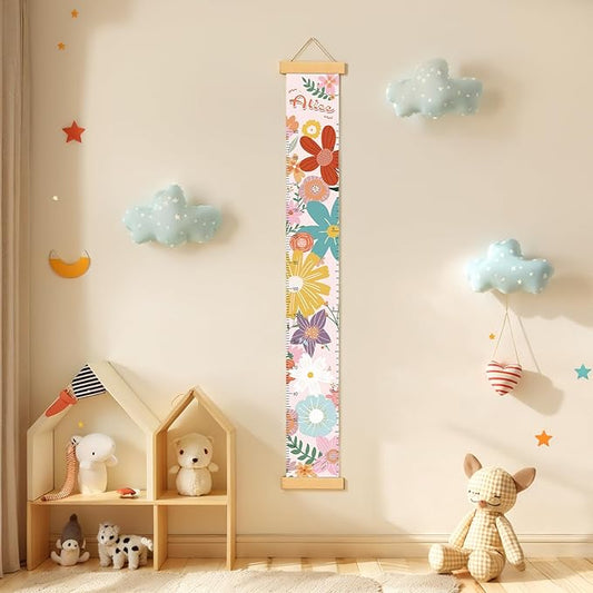 Woodemon Personalized Name Growth Chart for Wall, Painted Flowers Canvas Height Chart for Kids Baby Child Toddler, Canvas Growth Chart for Wall Nursery Decor, Hangable & Waterproof