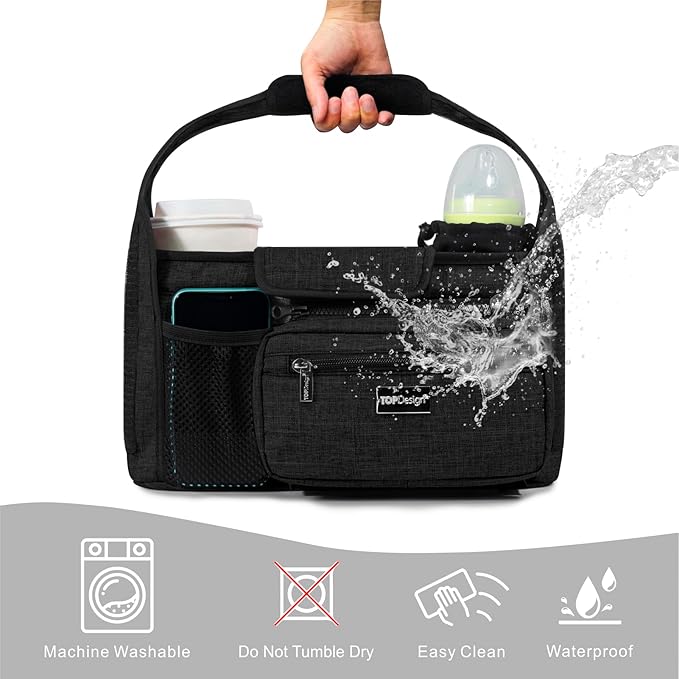 TOPDesign Universal Baby Stroller Organizer, Stroller Caddy with Detachable Mesh Bag & Heightened Insulated Cup Holders & Non-Slip Secure Hooks Accessories, Fits Most Strollers (Ranunculus)