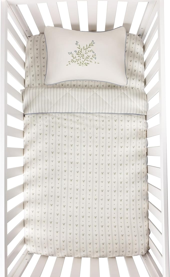 Ely's & Co. Mini Crib Bedding Set for Boys, 4 Piece Set Includes – 1 Fitted Mini Crib Sheet, Quilted Comforter and Decorative Pillowcase with Insert, Blue Linear Berry Collection