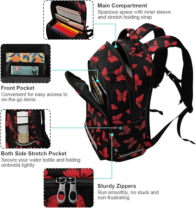 MNSRUU School Backpack with Chest Strap, Butterfly Laptop Backpack, Travel Hiking Backpack for Boys Girls, Rucksack, Knapsack One Size