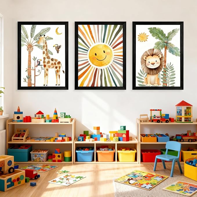 Cute Sun Lion Giraffe Quote Framed Wall Art Set of 4, 11x16 Boho Educational Animal Wall Sign for Baby Girl Kid Boy Toddlers, Wooden Inspirational Nursery Wall Decor Black