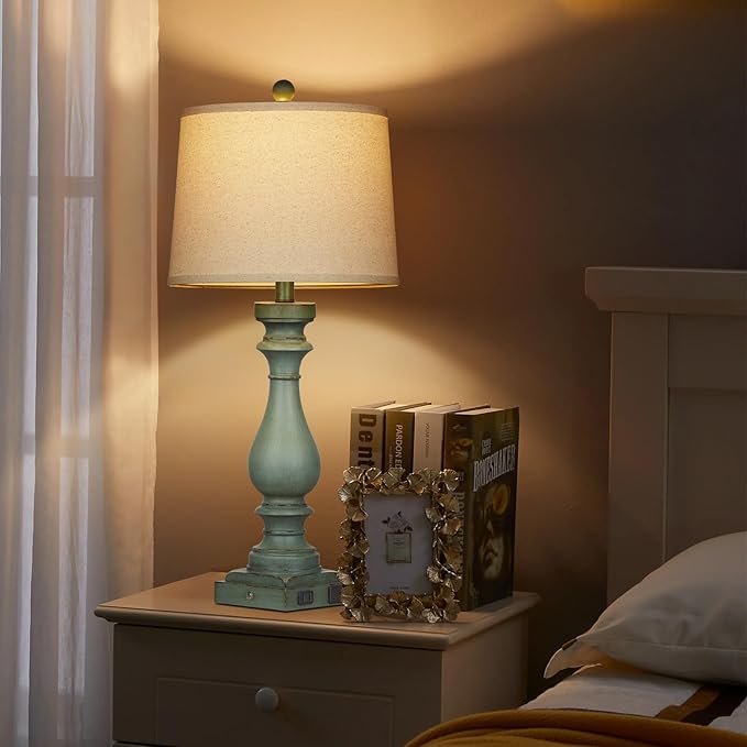 Cinkeda 29" Tall Table Lamp for Living Room Set of 2,Vintage Bedside Nightstand Lamps with USB C+A Ports & AC Outlet,3-Way Dimmable Touch Control Retro Green Desk Lamp for Bedroom,Color 4