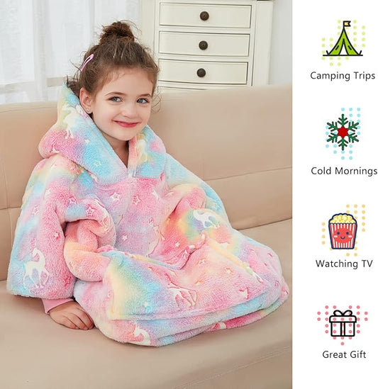 Glow in The Dark Wearable Blanket Hoodie for Kids Toddlers Sherpa Blanket Sweatshirt with Pocket 2-6 Year Old Girl Birthday Gifts