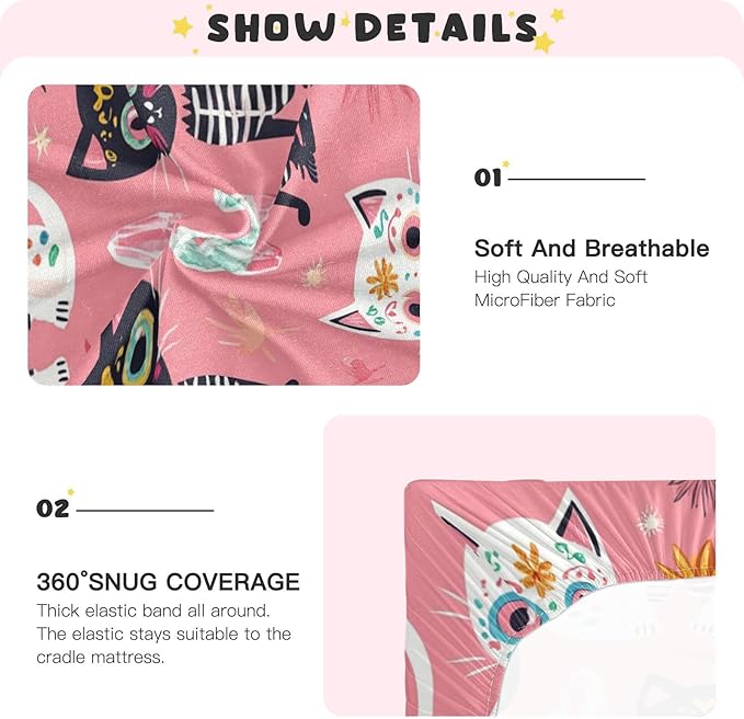 Cats Abstract Sugar Skulls Pink Crib Sheets Standard Crib Toddler Mattresses Cover Fitted Baby Bed Sheet Breathable Crib Mattress Sheet for Girls Boys 52" x 28"x5''