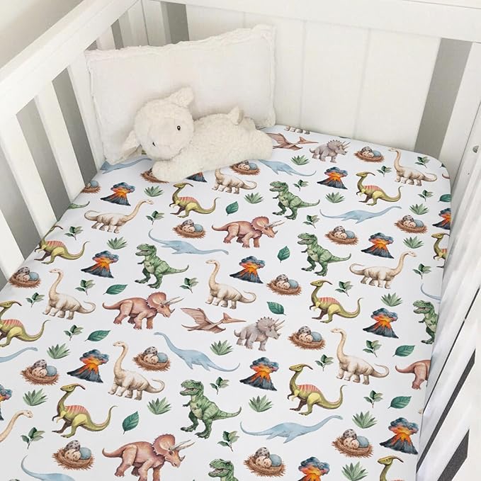 Watercolor Dinosaurs Baby Crib Sheets for Boy Girl Dino Eggs Leaves Volcano Adventure Soft Snug Fitted Crib Mattress Covers Fit 52''x28'' Standard Crib & Toddler Mattress Jungle Animal Bed Sheets