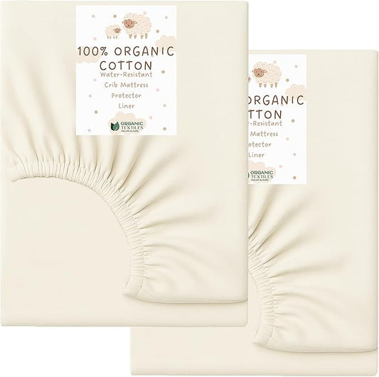 Organic Cotton Crib Mattress Protector (Water-Resistant) - Breathable Fitted Liner Pad, GOTS-Certified, Hypoallergenic, Made in USA - Cradle 36"x18" - Pack of 2