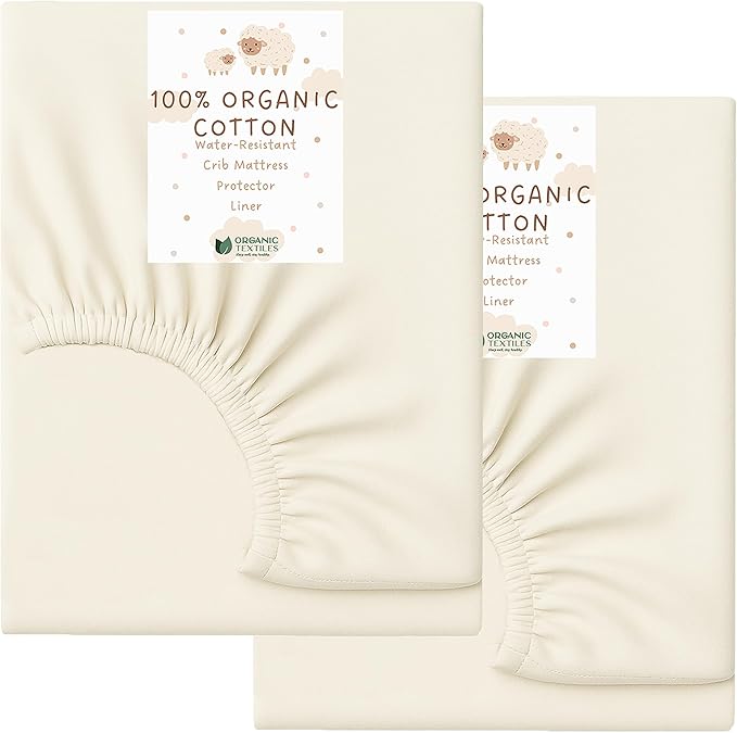 Organic Cotton Crib Mattress Protector (Water-Resistant) - Breathable Fitted Liner Pad, GOTS-Certified, Hypoallergenic, Made in USA – Mini-Crib 38"x24" - Pack of 2