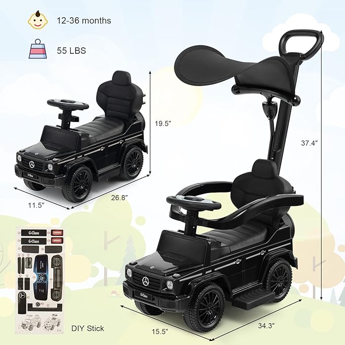 Costzon Push Car for Toddlers, 3 in 1 Mercedes Benz Stroller Sliding Walking Car w/Canopy, Handle, Armrest Guardrail, Underneath Storage, Horn Sound, Foot-to-Floor Ride On Toy for Boys Girls (Black)