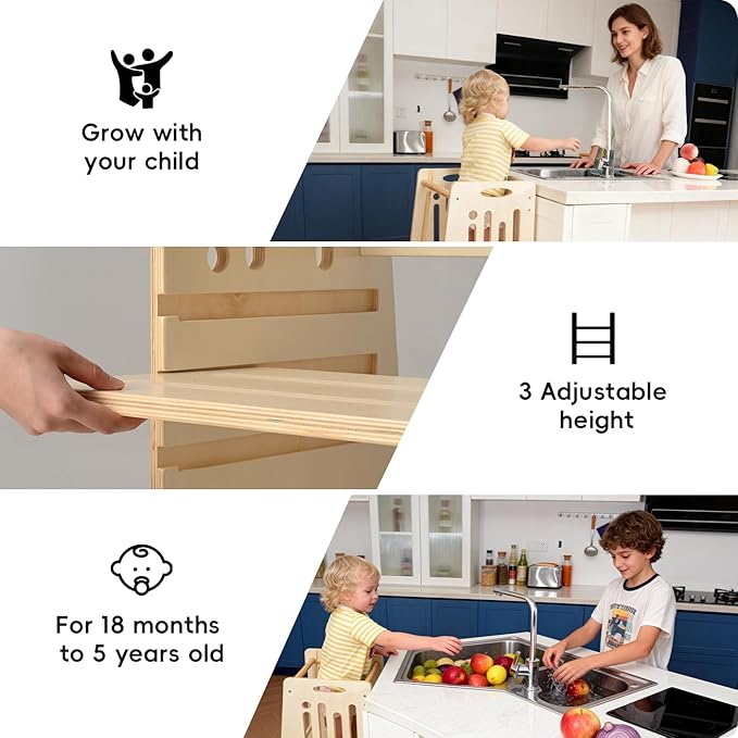 Toddler Standing Tower, Height-Adjustable Step Stool for Kids,Easy to Assemble and Move,Nursery Step Stool for Kitchen and Bathroom,an Assistant for Cultivating Your Child's Independence-Natural