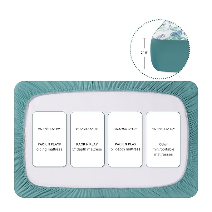 TILLYOU Pack and Play Sheet - Soft Quilted Crib Cover Pad, Toddlers Mattress Protector with 1''-3'' Deep Pocket, Thick Play Yard Playpen Sheets, Crib Mattress Pad 39"x27", Rainforest Elephant