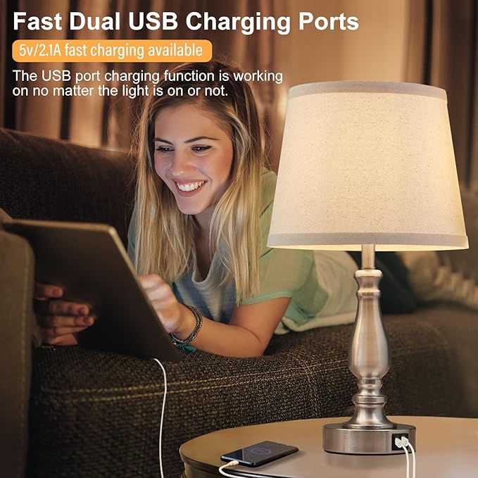 EJIAXIN Lamps for Bedrooms Set of 2, Brushed Nickel Bedside Lamps with USB C+A Ports,Dimmable Nightstand Lamps with Fabric Lampshade, Touch Table Lamp for Living Room Bedroom Office, Bulbs Included
