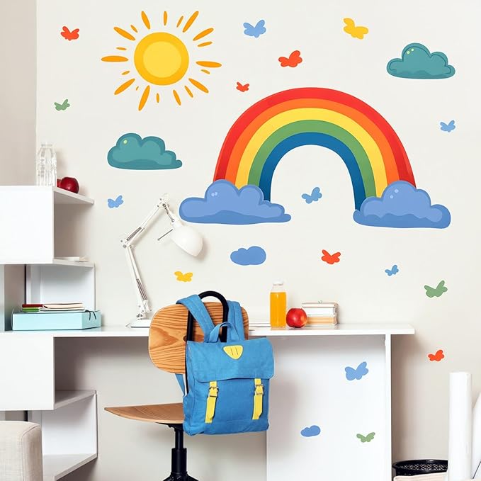 Eutecado Rainbow Wall Decals Watercolor Sun Cloud Wall Stickers for Kids Room, Cute Cloudy Rainbow Wall Decor Butterfly Sun Decorations Peel and Stick Removable Decals for Girls Room Nursery