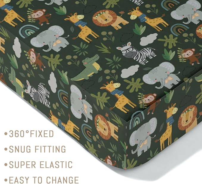 Jungle Safari Animals Baby Crib Sheets for Boy Girl Elephant Lion Zebra Giraffe Leaves Soft Snug Fitted Crib Mattress Covers for 52''x28'' Standard Crib & Toddler Mattress Pad Wild African Bed Sheets