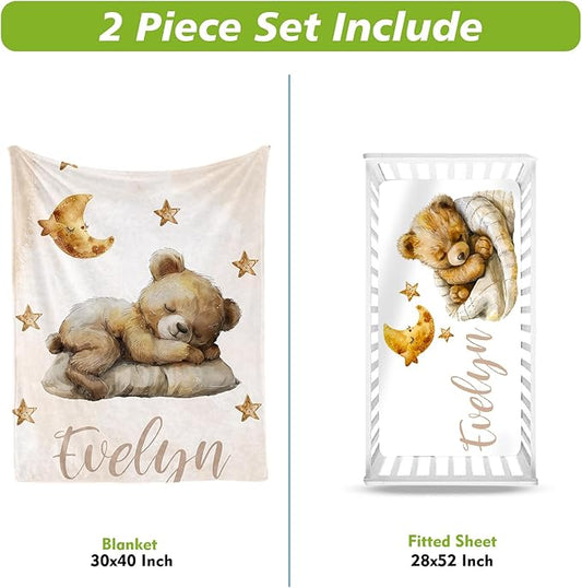 Personalized Baby Crib Bedding Set, Custom Name Star Bear Theme Baby Bedding 2-Pcs Set - Soft Double Layer Dotted Blanket and Fitted Sheet, Nursery Bedding for Newborn Boys Girls, Perfect Shower Gift