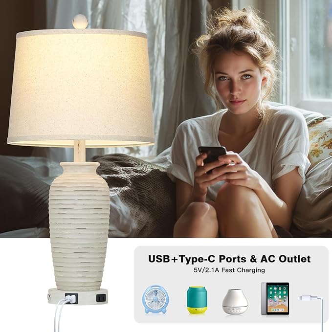 CINSARY 25" Retro White Farmhouse Jar Table Lamps for Living Room, 3 Way Touch Control Rustic Bedside Lamps with USB A+C Ports & AC Outlet, Pot Nightstand Lamps for Bedroom (LED Bulbs Included)