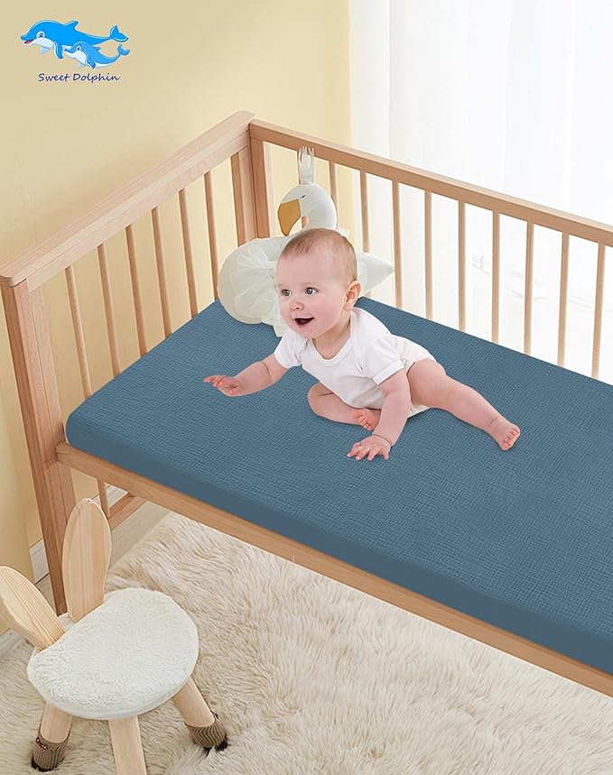 SWEET DOLPHIN 2-Pack Muslin Crib Sheets for Boys & Girls, Ultra Soft Breathable 40S Long-Staple Cotton Fitted Baby Sheets for Standard Crib Mattress 52"x28", Light Navy- Nursery Essentials