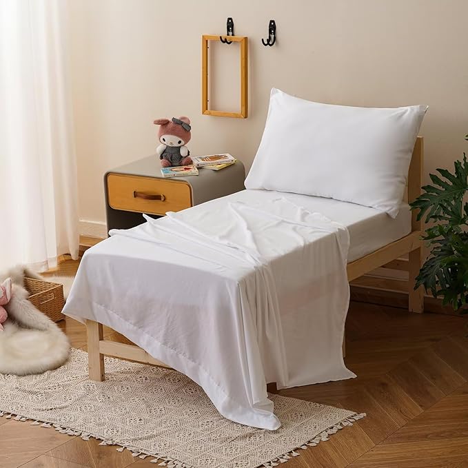 CLOTHKNOW 4 Pieces White Toddler Bedding Sets, White Bedding Sets, Soft Crib Bed Set Including Comforter, Flat Sheet, Fitted Sheet and Pillowcase