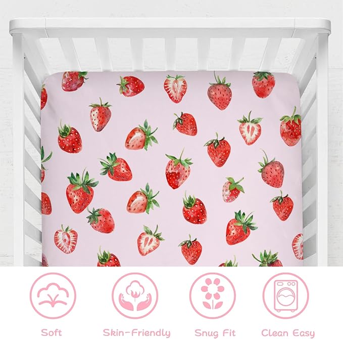 Watercolor Strawberries Baby Crib Sheet 52''x28'' Cute Strawberry Pink Stretchy Fitted Crib Mattress Covers for Boy Girl Boho Summer Fruits Soft Baby Sheets for Standard Crib and Toddler Mattress