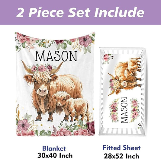 Personalized Crib Bedding Set, Toddler Highland Cow Theme Set with Name, 2 Pcs Baby Crib Set for Infant Baby, Comfort Double Layer Blanket and Crib Sheet, Newborns Gifts for Boys