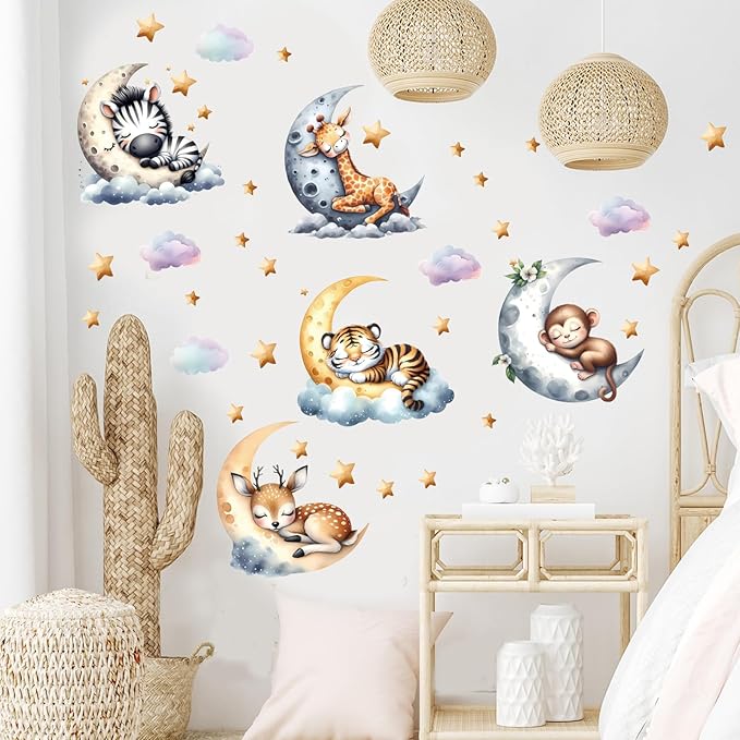 Jungle Animal Wall Decals for Nursery – Removable Safari Animal Stickers for Baby Room, Kids Bedroom & Playroom – Moon and Stars Animals Wall Art Decor for Boys and Girls