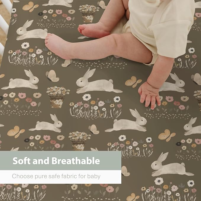 Vintage Hopping Bunnies Baby Crib Sheets for Boy Girl 52x28Inch Retro Rabbits Boho Floral Soft Stretchy Fitted Crib Mattress Cover Spring Easter Baby Sheet for Standard Crib & Toddler Mattresses