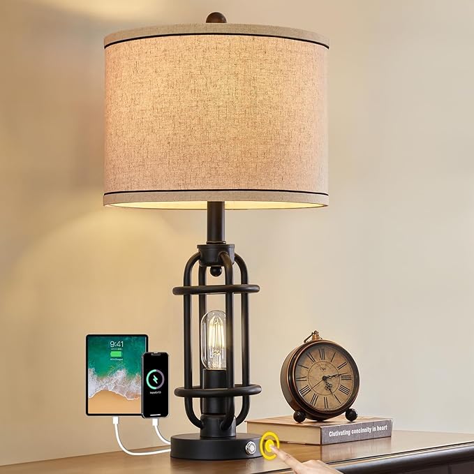 G-SAFAVA 23.75'' Industrial Black Metal Table Lamps Living Room Lamp for Nightstand Bedroom lamp Single Bedside End Side Table Lamps Home Decor Touch Lamp Modern Lamps with USB Ports, Bulbs Included