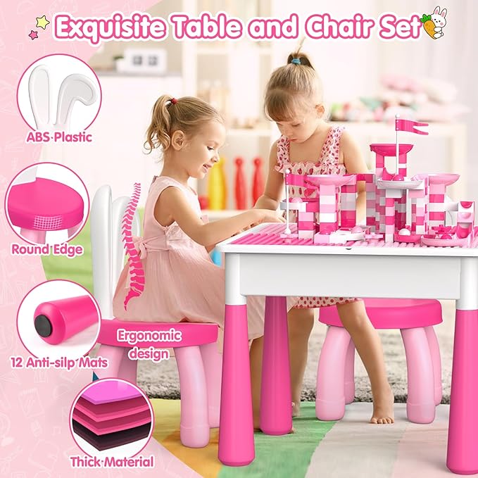 OCATO Kids Toddler Table and Chair Set: Water Table Activity Tables with 152Pcs Large Marble Run Building Blocks 2 Rabbit Chairs Storage All in One Play Sensory Sand Tables 3-6 Year Old Girl Toy Gift