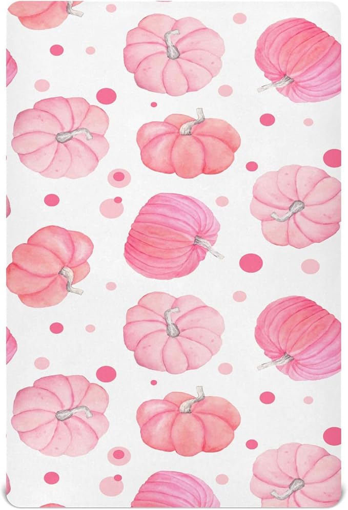 Pink Thanksgiving Pumpkins Crib Sheets Soft Breathable Fitted Baby Crib Sheets Mattress Cover for Girl Boys, 52" x 28" x 9"