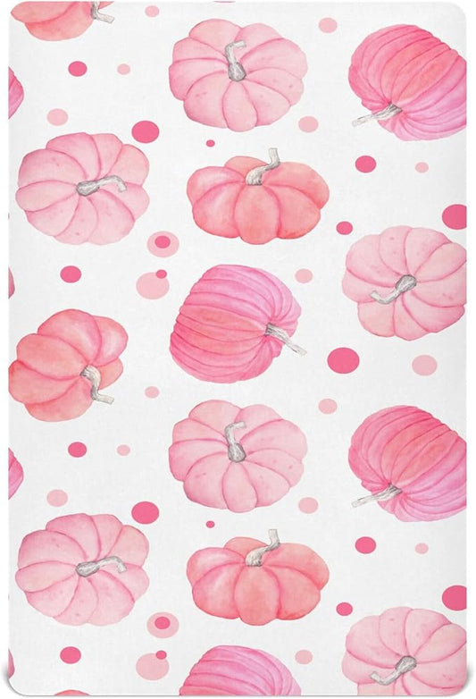 Pink Thanksgiving Pumpkins Crib Sheets Soft Breathable Fitted Baby Crib Sheets Mattress Cover for Girl Boys, 52" x 28" x 9"