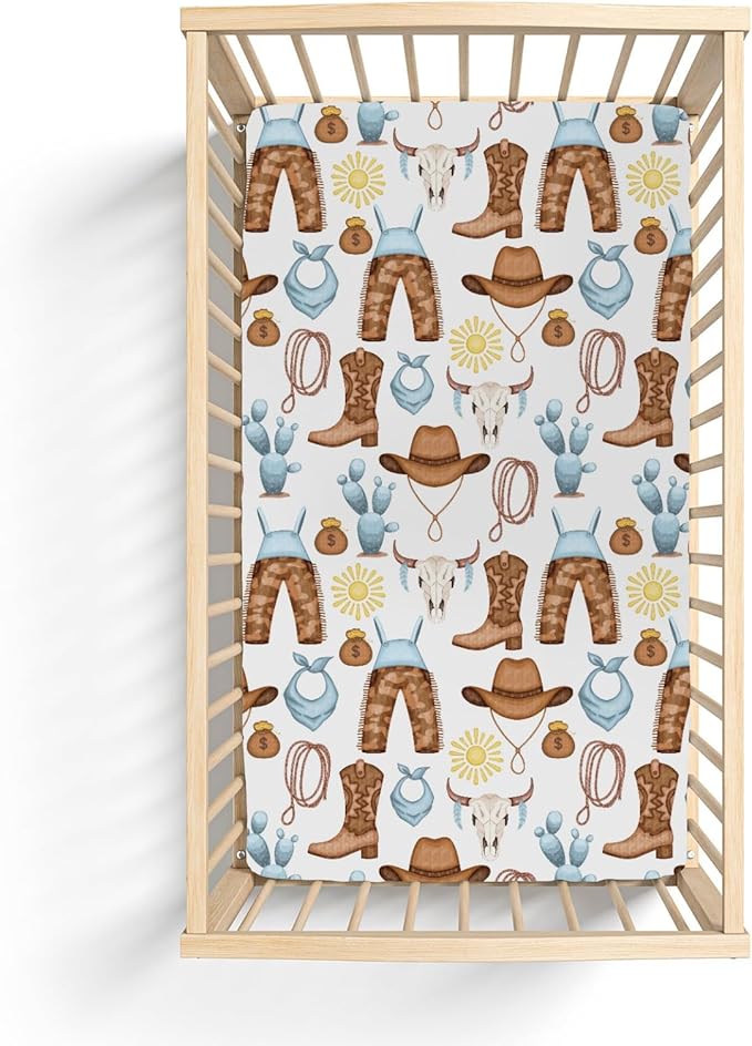 Cute Blue Western Cowboy Baby Crib Sheets for Boy 28"x52" Cowboy Boots Hat Cactus Skull Sun Soft Snug Fitted Crib Mattress Cover Wild West Desert Baby Sheet for Standard Crib & Toddler Mattress
