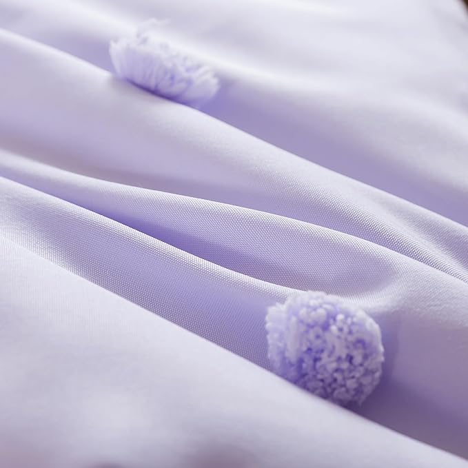 Caressma Lavender 4 Pieces Toddler Bedding Set - Lovely Pom Pom Tufted Comforter Set for Girls - Includes Purple Comforter, Fitted Sheet, Flat Sheet & Pillow Case