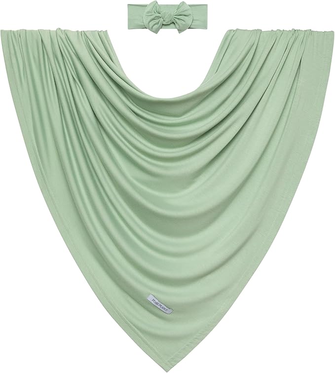 Posh Peanut Swaddle Blanket & Headband Set – Viscose from Bamboo Stretchy Baby Swaddle for Newborn Girls, Receiving Blanket or Nursing Cover (Sage)
