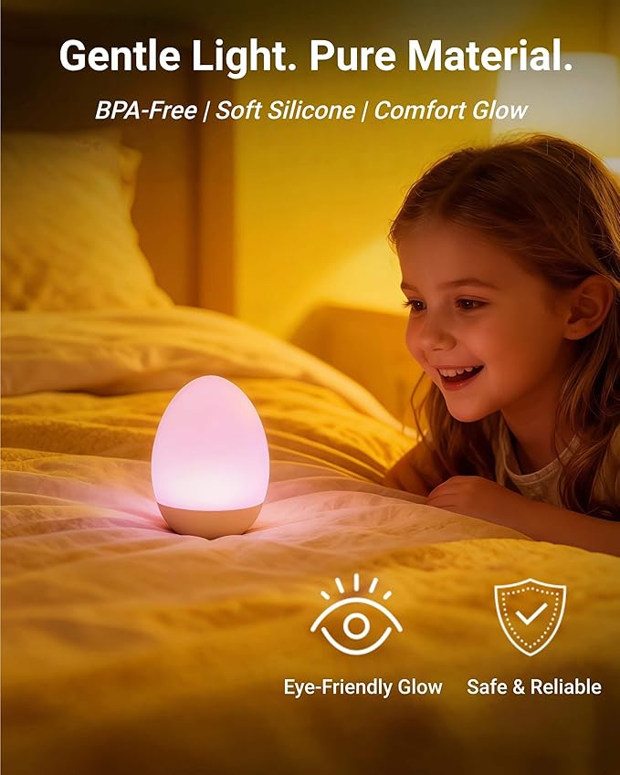 NAWIQI Egg Baby Night Light for Nursery & Breastfeeding – Portable Touch Light with 7 RGB Colors, Stepless Dimming, Rechargeable, BPA-Free Soft Silicone, Compact Lamp for Kids & Newborns