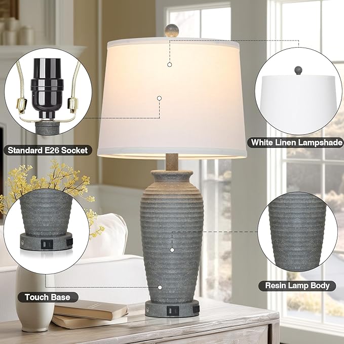 CINSARY 25" Grey Farmhouse Jar Table Lamps, 3 Way Touch Control Rustic Bedside Lamps with USB A+C Ports & AC Outlet, Pot Nightstand Lamps for Bedroom End Table (LED Bulbs Included)