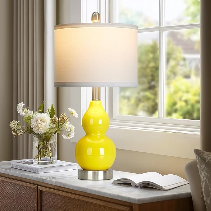 luxeflow Double Gourd Ceramic Table Lamps Set of 2, Yellow Modern Bedside Lamps for Living Room, Contemporary Nightstand Desk Lamps for Bedroom End Table Home Office Decor(2 LED Bulbs Included)