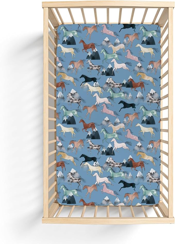 Boho Horses Mountains Baby Crib Sheets for Boy Girl 28"x52" Wild Horses Blossom Soft Snug Fitted Crib Mattress Covers Horse Lovers Nursery Baby Sheet for Standard Crib & Toddler Bed Mattress Blue