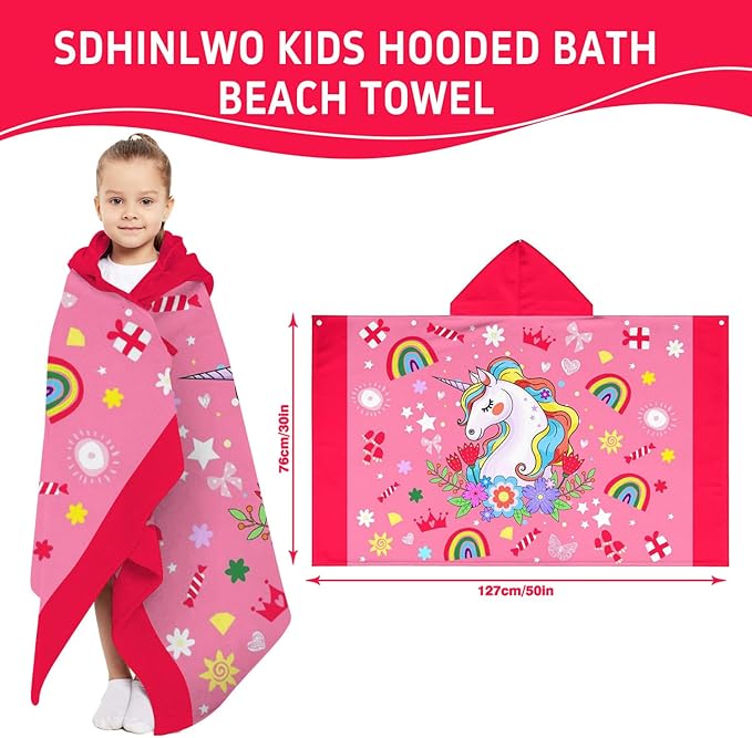 Thickened Hooded Towels for Kids Suitable Girls Boys Kids Bath Towels, 30"x50" Super Absorbent, Unicorn Cute Cartoon Toddler Towels Multi-Purpose for Beach, Pool and Bathroom