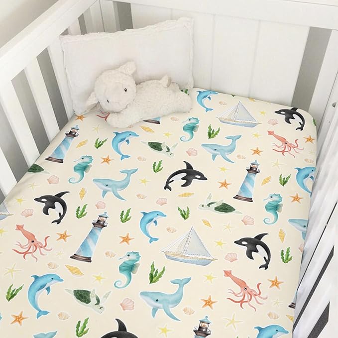 Colorful Sea Animals Baby Crib Sheet 52''x28'' Ocean Whale Dolphin Turtle Shells Coral Lighthouse Ship Stretchy Fitted Crib Mattress Cover for Boy Girl Baby Sheets for Standard Crib Toddler Mattress