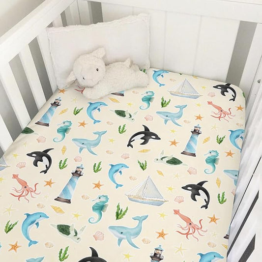 Colorful Sea Animals Baby Crib Sheet 52''x28'' Ocean Whale Dolphin Turtle Shells Coral Lighthouse Ship Stretchy Fitted Crib Mattress Cover for Boy Girl Baby Sheets for Standard Crib Toddler Mattress