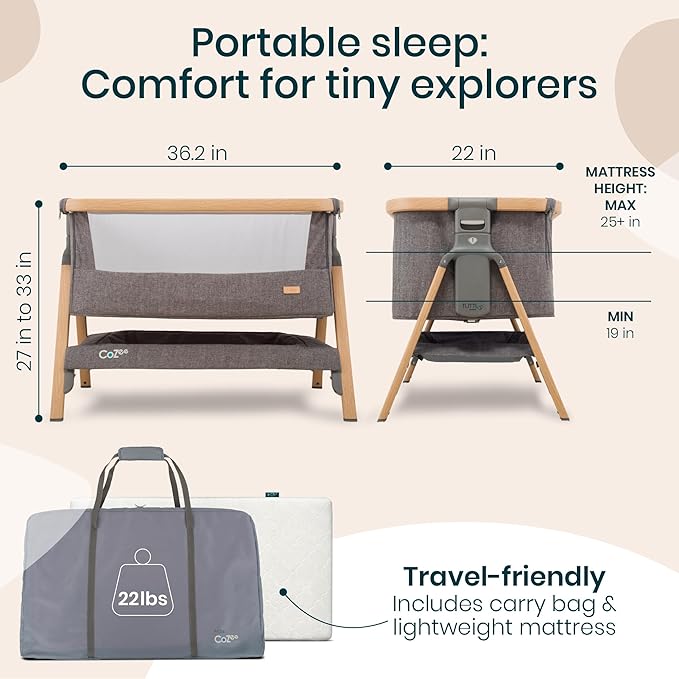 Tutti Bambini CoZee® 2-in-1 Baby Bassinet & Bedside Sleeper - Fast-Folding Bedside Bassinet, Baby Crib with 6 Mattress Heights & Breathable Mesh Window, Mattress Included, 0-6 Months (Oak & Charcoal)