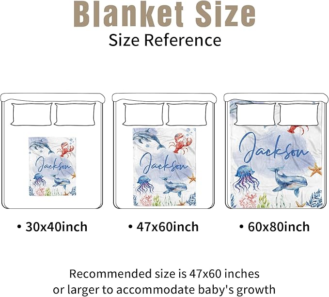 Personalized Baby Crib Bedding Set 2-Pcs, Custom Name Marine Animals Baby Bedding Set - Soft Double Layer Dotted Blanket and Fitted Sheet, Nursery Bedding for Newborn Boys Girls, Perfect Shower Gift