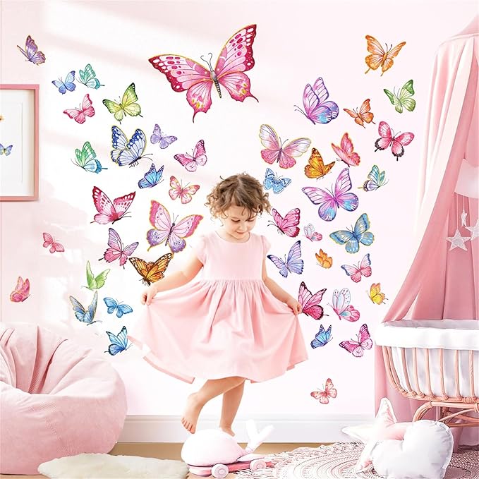 decalmile Pink Butterfly Wall Stickers Colorful Watercolor Butterflies Wall Decals Baby Nursery Bedroom Girls Room Home Decor
